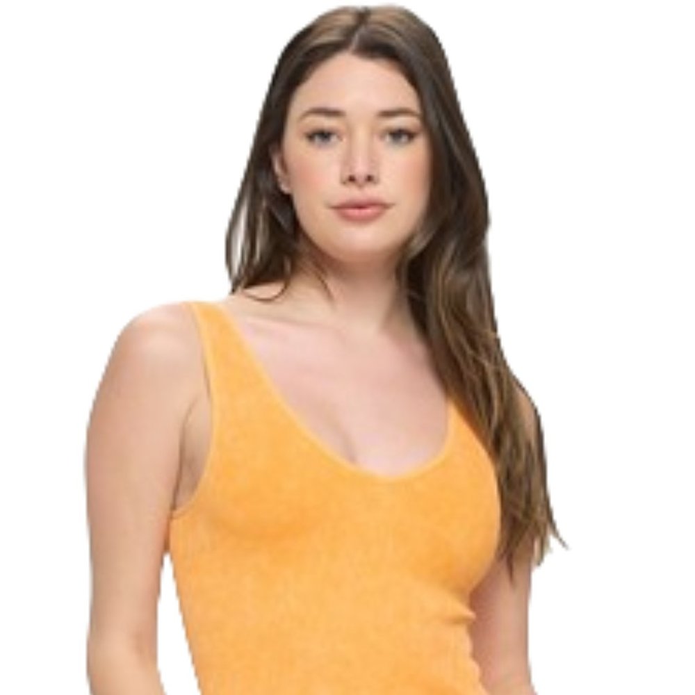 Fitted seamless, sleeveless reversible stone washed ribbed tank-Orange